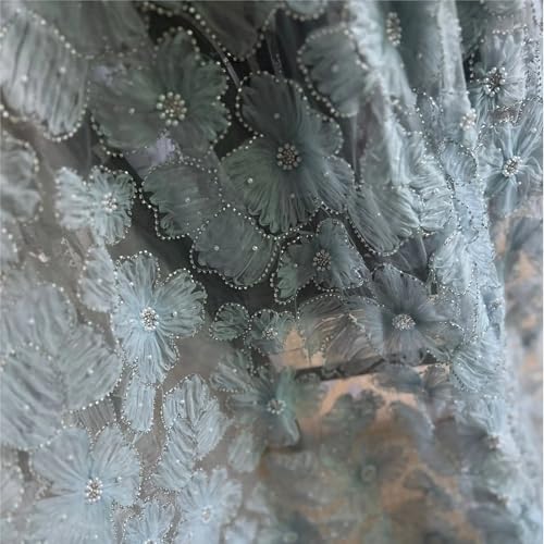 LIZHAYG Braut Spitze Stoffe 3D Mesh Blumen Silber Perlen Brautkleid Spitze Stoff Spitzenstoff Zierspitze(Grey Blue) von LIZHAYG