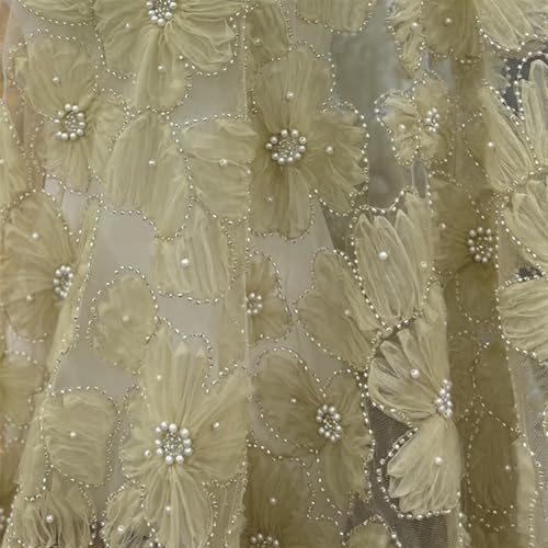 LIZHAYG Braut Spitze Stoffe 3D Mesh Blumen Silber Perlen Brautkleid Spitze Stoff Spitzenstoff Zierspitze(Khaki) von LIZHAYG