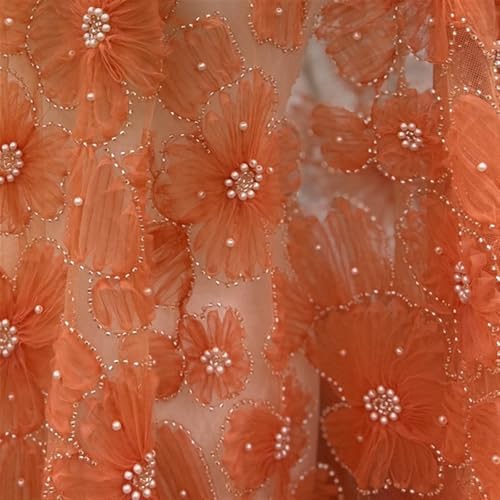 LIZHAYG Braut Spitze Stoffe 3D Mesh Blumen Silber Perlen Brautkleid Spitze Stoff Spitzenstoff Zierspitze(Orange) von LIZHAYG