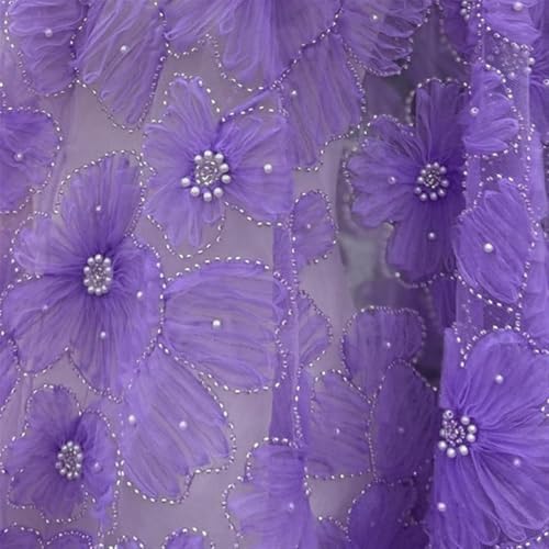 LIZHAYG Braut Spitze Stoffe 3D Mesh Blumen Silber Perlen Brautkleid Spitze Stoff Spitzenstoff Zierspitze(Purple) von LIZHAYG