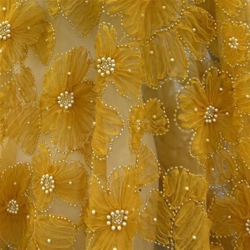 LIZHAYG Braut Spitze Stoffe 3D Mesh Blumen Silber Perlen Brautkleid Spitze Stoff Spitzenstoff Zierspitze(Yellow) von LIZHAYG