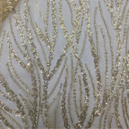 LIZHAYG Braut Spitze Stoffe 6 Farben Silber Perlen 3cm Pailletten Rohr Spitze Abend Party Cocktail Kleid Material Blume Hochzeit Bestickt Mesh Stoff Spitzenstoff Zierspitze(Beige) von LIZHAYG