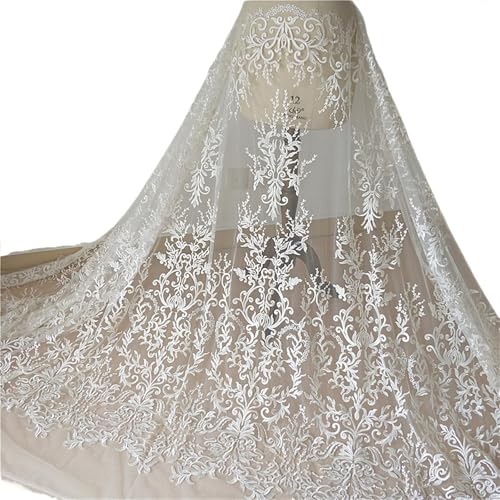 LIZHAYG Braut Spitze Stoffe Elfenbeinfarbener Spitzenstoff mit Pailletten, Hochzeitskleid, Brautkleid Spitzenstoff Zierspitze von LIZHAYG