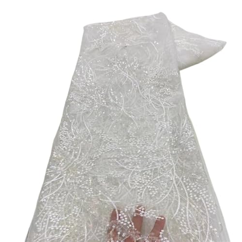 LIZHAYG Braut Spitze Stoffe Luxus Pailletten Spitze Stoffe 5 Yards Stickerei Tüll Spitze Stoff for Hochzeit Party Nähen Spitzenstoff Zierspitze(White) von LIZHAYG