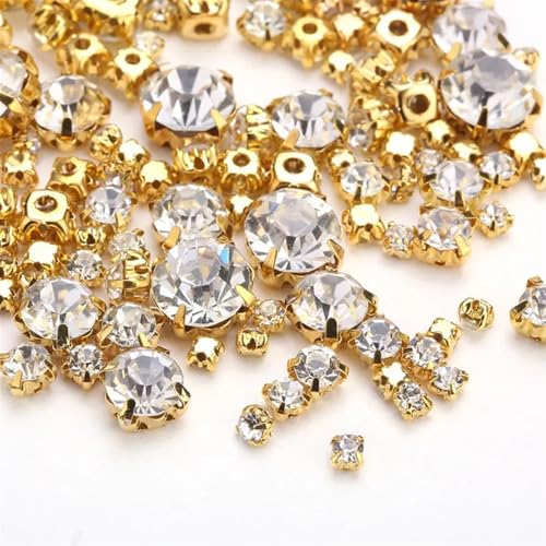 LIZHAYG Strasssteine Strasssteine ​​zum Aufnähen in Mehreren Größen mit silbernen/goldenen Krallen und Flacher Rückseite for Nähen von Hochzeitskleidern(Gold Crystal,10mm 30pcs) von LIZHAYG