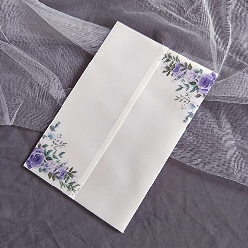 Vorgefaltet Vellum Paper Pergamenthüllen 50 TEIL/LOS Transparente Aquarell Blumen Hochzeitseinladungskartenhülle Halbpergamentpapier lädt Jacke Wrap ein Hochzeitseinladungen Selber Basteln(Purple,Wrap von LIZHAYG