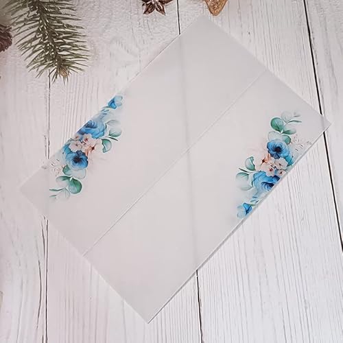 Vorgefaltet Vellum Paper Pergamenthüllen 50 TEIL/LOS Transparente Aquarell Blumen Hochzeitseinladungskartenhülle Halbpergamentpapier lädt Jacke Wrap ein Hochzeitseinladungen Selber Basteln(Blue flower von LIZHAYG