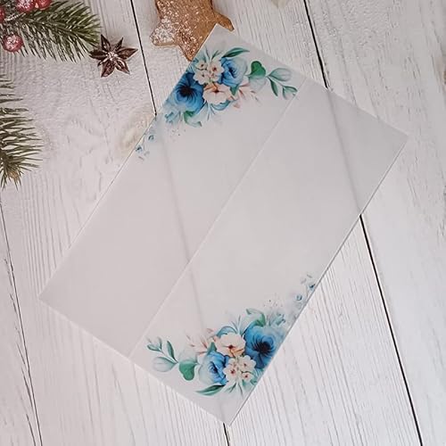 Vorgefaltet Vellum Paper Pergamenthüllen 50 TEIL/LOS Transparente Aquarell Blumen Hochzeitseinladungskartenhülle Halbpergamentpapier lädt Jacke Wrap ein Hochzeitseinladungen Selber Basteln(Blue flower von LIZHAYG