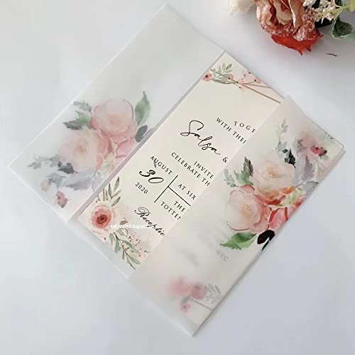 Vorgefaltet Vellum Paper Pergamenthüllen 50 TEIL/LOS Transparente Aquarell Blumen Hochzeitseinladungskartenhülle Halbpergamentpapier lädt Jacke Wrap ein Hochzeitseinladungen Selber Basteln(Blush flowe von LIZHAYG