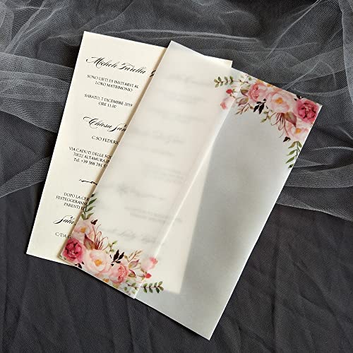 Vorgefaltet Vellum Paper Pergamenthüllen 50 TEIL/LOS Transparente Aquarell Blumen Hochzeitseinladungskartenhülle Halbpergamentpapier lädt Jacke Wrap ein Hochzeitseinladungen Selber Basteln(Flower-01,J von LIZHAYG