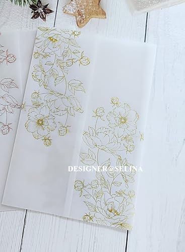 Vorgefaltet Vellum Paper Pergamenthüllen 50 TEIL/LOS Transparente Aquarell Blumen Hochzeitseinladungskartenhülle Halbpergamentpapier lädt Jacke Wrap ein Hochzeitseinladungen Selber Basteln(Gold flower von LIZHAYG