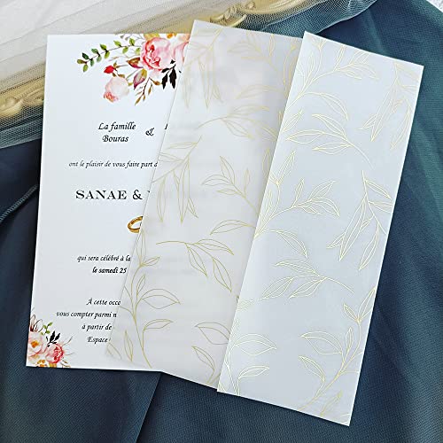 Vorgefaltet Vellum Paper Pergamenthüllen 50 TEIL/LOS Transparente Aquarell Blumen Hochzeitseinladungskartenhülle Halbpergamentpapier lädt Jacke Wrap ein Hochzeitseinladungen Selber Basteln(Gold leaves von LIZHAYG