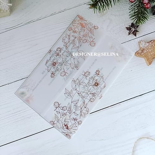 Vorgefaltet Vellum Paper Pergamenthüllen 50 TEIL/LOS Transparente Aquarell Blumen Hochzeitseinladungskartenhülle Halbpergamentpapier lädt Jacke Wrap ein Hochzeitseinladungen Selber Basteln(Rose gold f von LIZHAYG