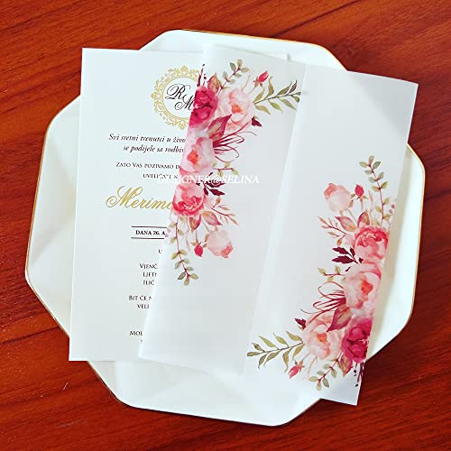 Vorgefaltet Vellum Paper Pergamenthüllen 50 teile/los Kirsche Hochzeitseinladungen Kartenhülle DIY Halbpergamentpapier Quinceanera Einladungsjacke Hochzeitseinladungen Selber Basteln(Pink flower) von LIZHAYG