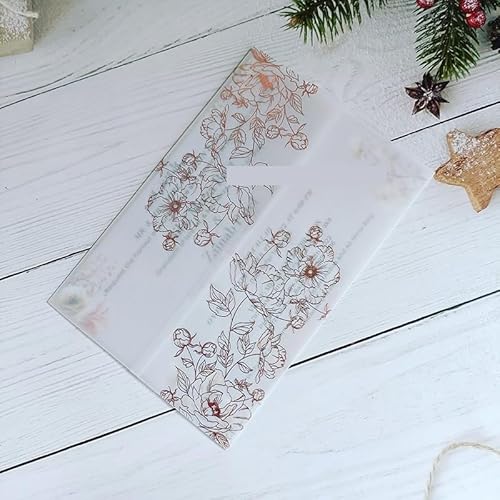 Vorgefaltet Vellum Paper Pergamenthüllen 50 teile/los Pergament Floral Weiß Hochzeit Einladung Karte Abdeckung Transparent Sweet 15 Einladungen Jacke Wrap Hochzeitseinladungen Selber Basteln(Rose gold von LIZHAYG