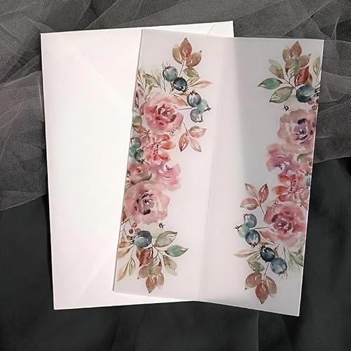 Vorgefaltet Vellum Paper Pergamenthüllen 50 teile/los Transparent Aquarell Blumen Grün Hochzeit Einladung Karte Abdeckung Halb Pergament Papier Lädt Jacke Wrap Hochzeitseinladungen Selber Basteln(Leav von LIZHAYG