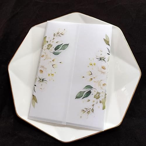 Vorgefaltet Vellum Paper Pergamenthüllen 50 teile/los Transparent Aquarell Blumen Grün Hochzeit Einladung Karte Abdeckung Halb Pergament Papier Lädt Jacke Wrap Hochzeitseinladungen Selber Basteln(Flow von LIZHAYG