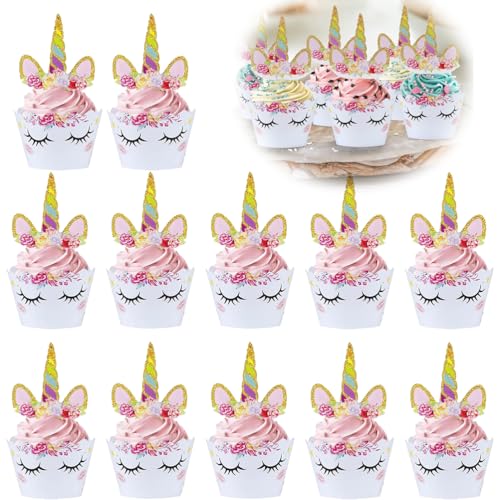 Einhorn Muffin Deko 12 Set, Einhorn Tortendeko Cupcake Toppers, Einhorn Geburtstagsdeko Kuchendeckel Kuchen Deko Muffin Deko, Cupcake Deko Wrappers für Geburtstagsfeier Hochzeiten Dessert von LJFEA