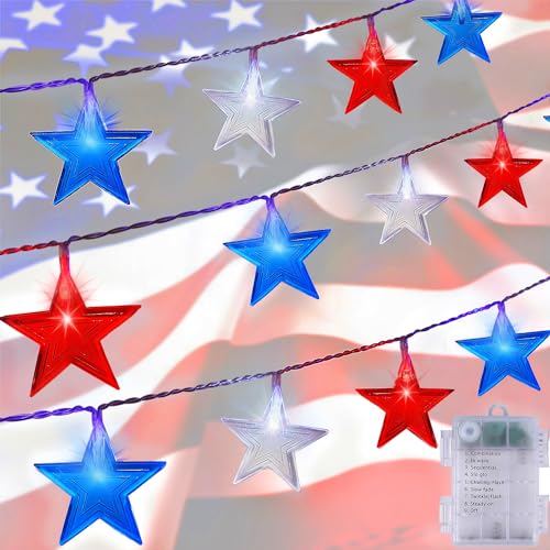 4. Juli rot-blaue und weiße Sternlichter, 50 LEDs, 6,2 m, patriotische Lichterkette mit Sternen, batteriebetrieben, 8 Beleuchtungsmodi und Timer, wasserdicht, für den Außenbereich, Unabhängigkeitstag, von LJLNION