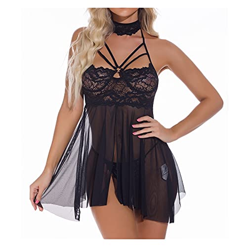 Dessous-Set für Damen mit Blumenspitze, transparentem Netzstoff, Strumpfband, Dessous-Set für Damen, V-Ausschnitt, Nachthemd mit Tanga, Heimanzug (Farbe: Rot, Größe: 2XL) (Schwarz L) (Schwarz M) von LJQZFWXX