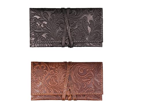 Drehertasche Leder Steppung Flowerprint 16cm mit Lederband und Zigarettenpapierfach (Braun + Schwarz = 2 Tabaktaschen) von LK Trend & Style