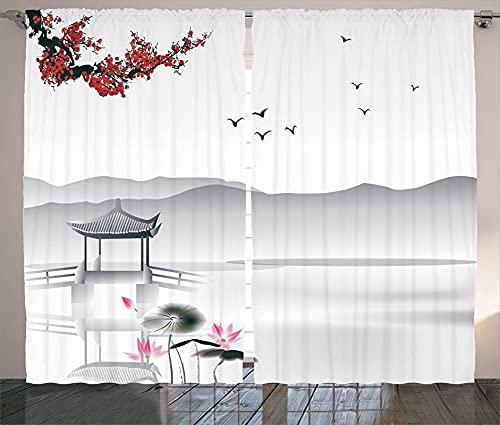 LKCD Verdunkelungsvorhang Für Kinderzimmer - Gartenvogel Lotus Wasserfall Im Japanischen Stil Grau Rosa 200X160Cm Thermovorhang, Blickdichter Vorhang Mit Schlaufen, 2Er-Set Gardinen, Blickdicht von LKCD