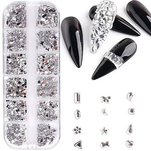 Nagel-Strasssteine, flache Rückseite, 12 Fächer, Nagelkunst, Basteln, Nagelkunst, Dekorationen, Zubehör, Nagelkunst, 3D-Nagelschmuck, Diamantkristall, 3D-Nagelnägel von LKIRYUF