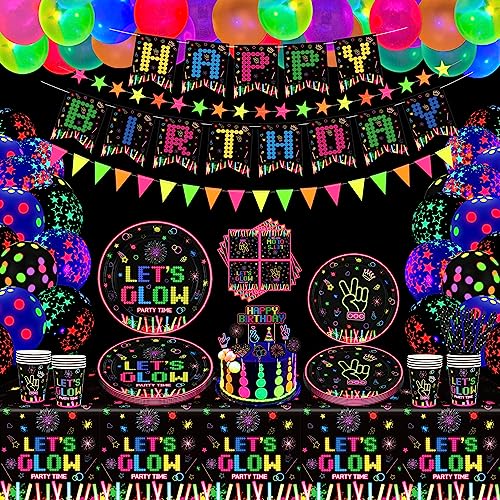 171 PCS Leuchtendes Neon Party-Zubehör Glühen im Dunkeln Party Dekorationen BlackLight Party-Geschirr-Set - Teller, Banner, Luftballons, Leuchtende Neon-Tischdecken, Sternengirlande Für 20 Personen von LKITMIUT
