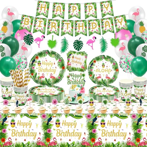 170 PCS Hawaiianische Aloha Party Zubehör Tropische Luau Party Dekorationen Sommerparty-Geschirr-Set - Teller, Banner, Luftballons, Servietten, Palmenblätter, Tropische Girlande Für 20 Personen von LKITMIUT