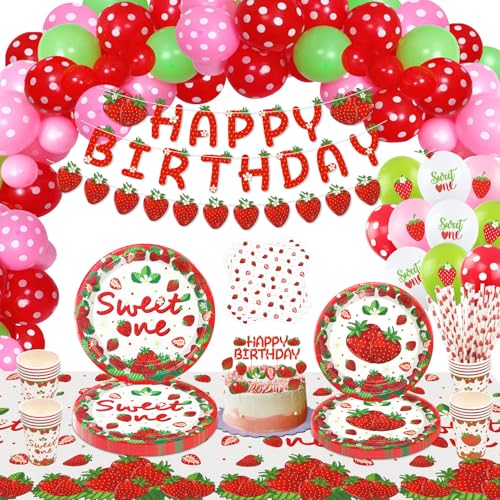 185 Pack Erdbeere Geburtstag Dekorationen Beere Ersten Geburtstag Party Supplies Sweet One Birthday Sommer Obst Geschirr Set Erdbeer Party Teller, Tassen, Tischdecken, Luftballons Serviert 20 von LKITMIUT