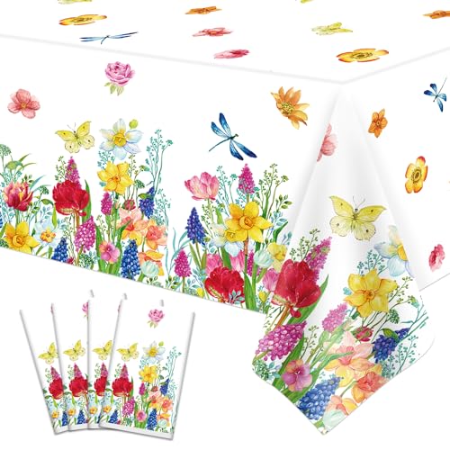 4 Pack Sommer Florale Plastik-Tischdecke Watercolor Wild Flowers Tischdecke Frühling Einweg-Plastik-Tischdecke Picknick-Tischdecke Blume Party Dekorationen Blume Thema Geburtstag Dekor 86 x 51 Zoll von LKITMIUT