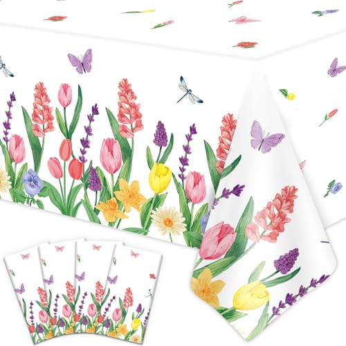 4 Pack Sommer Florale Plastik-Tischdecke Watercolor Wild Flowers Tischdecke Frühling Einweg-Plastik-Tischdecke Picknick-Tischdecke Blume Party Dekorationen Blume Thema Geburtstag Dekor 86 x 51 Zoll von LKITMIUT