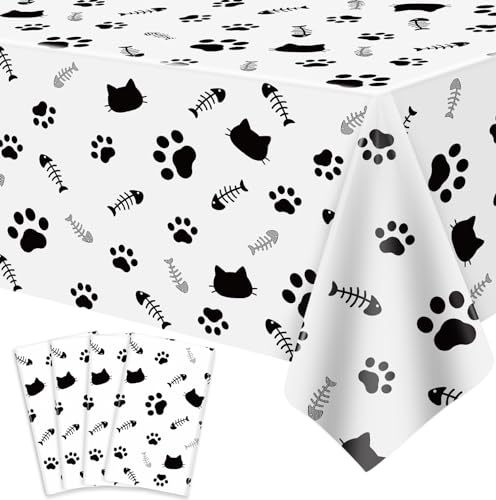 4 Packungen Katze Tischtuch Tischdecke Mit Pfötchendruck Thematische Tischdecke Katze Bone Sign Tischtuch Katze Party Zubehör Katze Geburtstag Dekorationen Kitty Thema Geburtstag Dekor 86 x 51 Zoll von LKITMIUT