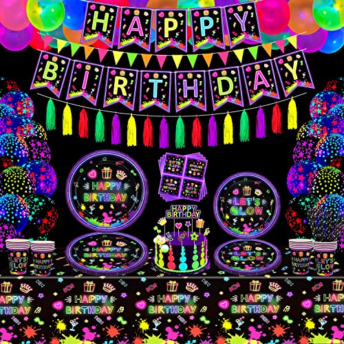 187 Pack Leuchtendes Neon-Party-Zubehör Glühen im Dunkeln Party Dekorationen BlackLight Party-Geschirr-Set - Teller, Banner, Fluoreszierende Ballons, Tischdecke, Quasten, Servietten Für 20 Personen von LKITMIUT