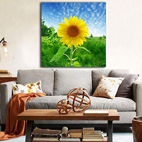 Blumenbilder auf Leinwand,Sonnenblume unter blauem Himmel Natur Druck auf Leinwand,Bild auf Leinwand Vlies Wandbild Wohnzimmer Wanddekoration 60x60cm(24x24in) Rahmenlos von LKLKLK