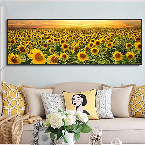 Blumenbilder auf Leinwand,Sonnenblumen Blumen Landschaft Natur Druck auf Leinwand,Bild auf Leinwand Vlies Wandbild Wohnzimmer Wanddekoration 50x150cm(20x60in) Rahmenlos von LKLKLK