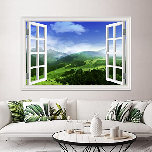 Gefälschte Fenster Blauer Himmel Grünland Gemälde,Natur Druck auf Leinwand,Leinwand Wandkunst Bilder für Schlafzimmer Wohnzimmer Büro Dekor 50x75cm(20x30in) Rahmenlos von LKLKLK