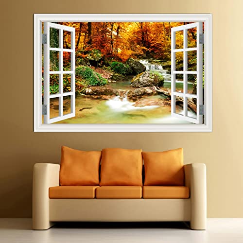 Gefälschte Fenster Forest Creek Landschaft Gemälde,Natur Druck auf Leinwand,Leinwand Wandkunst Bilder für Schlafzimmer Wohnzimmer Büro Dekor 80x120cm(32x48in) Rahmenlos von LKLKLK