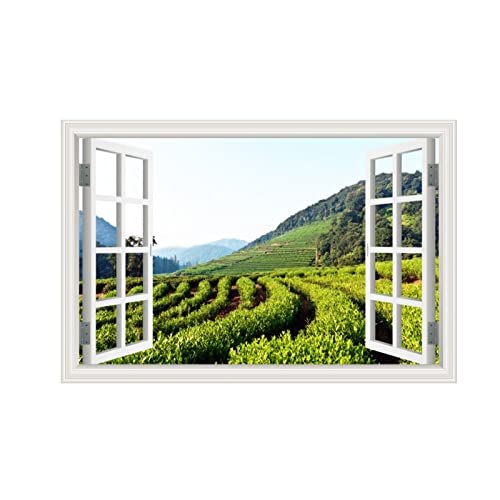 Gefälschte Fenster Grüner Tee Garten Landschaft Gemälde,Landschaftsbilder auf Leinwand,Leinwand Wandkunst Bilder für Schlafzimmer Wohnzimmer Büro Dekor 60x90cm(24x36in) Rahmenlos von LKLKLK