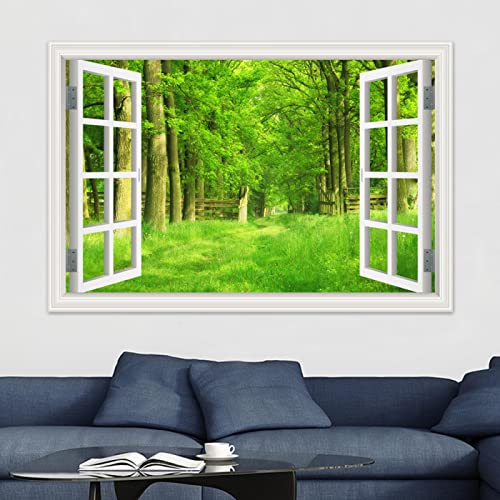 Gefälschte Fenster Grüner Waldbaum Landschaft Gemälde,Natur Druck auf Leinwand,Leinwand Wandkunst Bilder für Schlafzimmer Wohnzimmer Büro Dekor 30x45cm(12x18in) Rahmenlos von LKLKLK