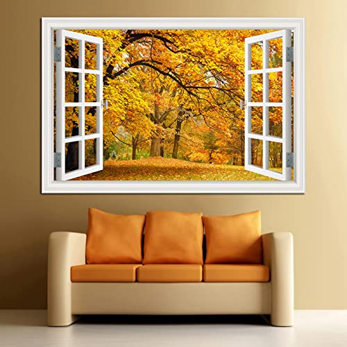 Gefälschte Fenster Herbst Baum Landschafts Gemälde,Natur Druck auf Leinwand,Leinwand Wandkunst Bilder für Schlafzimmer Wohnzimmer Büro Dekor 60x90cm(24x36in) Rahmenlos von LKLKLK