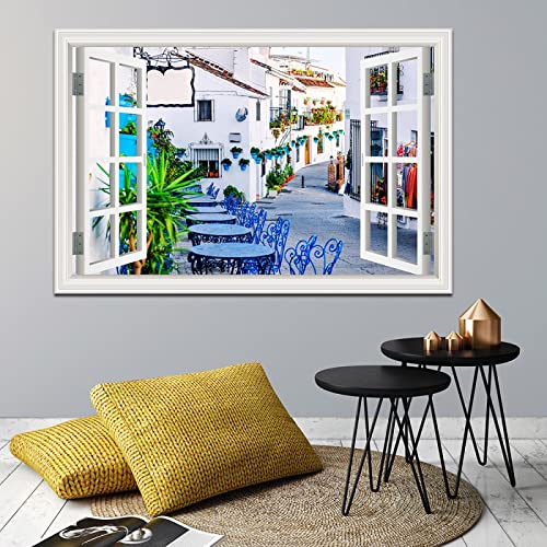 Gefälschte Fenster Mijas Town Street Gemälde,Natur Druck auf Leinwand,Leinwand Wandkunst Bilder für Schlafzimmer Wohnzimmer Büro Dekor 80x120cm(32x48in) Rahmenlos von LKLKLK