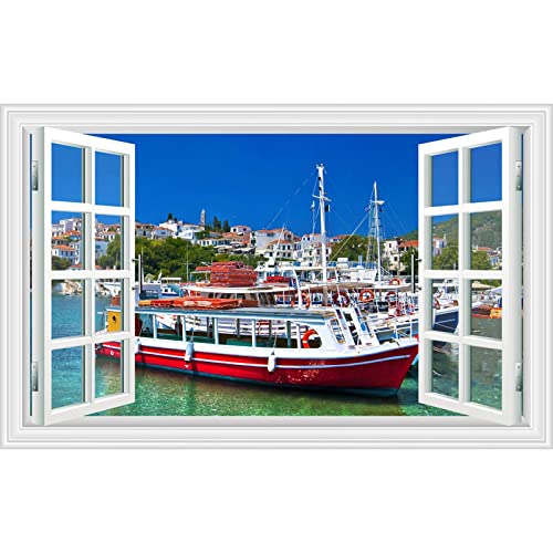 Gefälschte Fenster Mittelmeer Yacht Landschaft Gemälde,Landschaftsbilder auf Leinwand,Leinwand Wandkunst Bilder für Schlafzimmer Wohnzimmer Büro Dekor 50x85cm(20x34in) Rahmenlos von LKLKLK