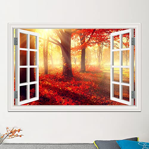 Gefälschte Fenster Roter Nebelwald Landschaft Gemälde,Natur Druck auf Leinwand,Leinwand Wandkunst Bilder für Schlafzimmer Wohnzimmer Büro Dekor 65x98cm(26x39in) Rahmenlos von LKLKLK