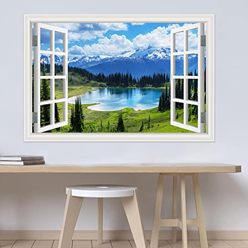 Gefälschte Fenster Schnee Berg See Grünland Landschaft Gemälde,Natur Druck auf Leinwand,Leinwand Wandkunst Bilder für Schlafzimmer Wohnzimmer Büro Dekor 50x75cm(20x30in) Rahmenlos von LKLKLK