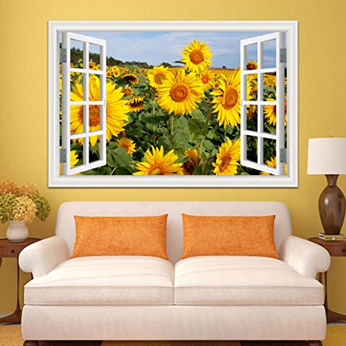 Gefälschte Fenster Sonnenblumen Landschafts Gemälde,Natur Druck auf Leinwand,Leinwand Wandkunst Bilder für Schlafzimmer Wohnzimmer Büro Dekor 30x45cm(12x18in) Rahmenlos von LKLKLK