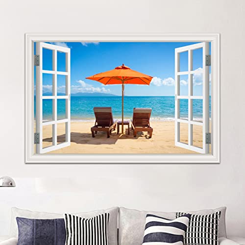 Gefälschte Fenster Strandurlaub Gemälde,Natur Druck auf Leinwand,Leinwand Wandkunst Bilder für Schlafzimmer Wohnzimmer Büro Dekor 30x45cm(12x18in) Rahmenlos von LKLKLK