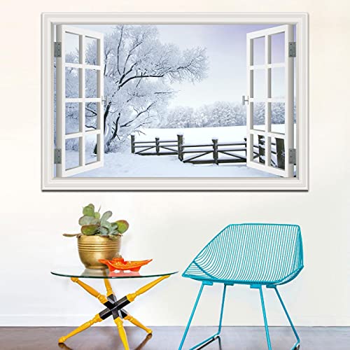 Gefälschte Fenster Winter Schnee Landschafts Gemälde,Natur Druck auf Leinwand,Leinwand Wandkunst Bilder für Schlafzimmer Wohnzimmer Büro Dekor 30x45cm(12x18in) Rahmenlos von LKLKLK