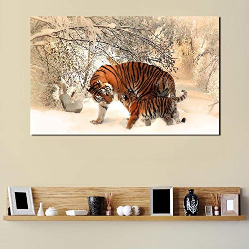 Landschaft auf Leinwand,Tier Zwei Tiger im Schnee Landschaftsbild auf leinwand,Leinwand Wandkunst Gemälde für Wand Deko 75x120cm(30x48in) Rahmenlos von LKLKLK