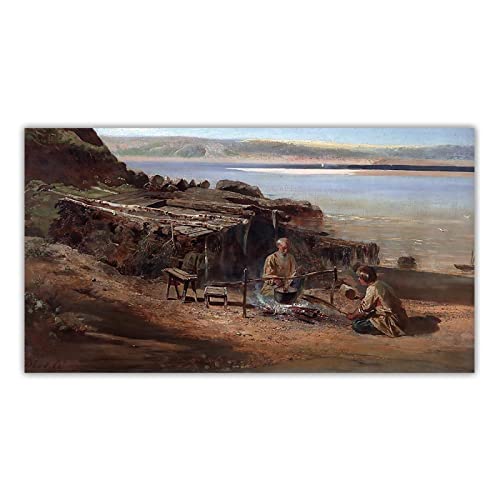 Savrasov Klassische Ölgemälde Reproduktionen Druck auf Leinwand"Fischer an der Wolga",Leinwand Wandkunst für Wohnkultur Gemälde 70x125cm(28x50in) Rahmenlos von LKLKLK